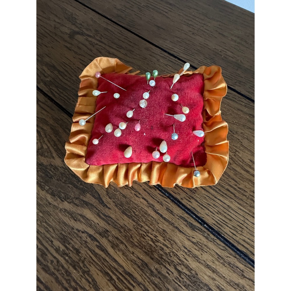Vintage Handmade Pin cushion Red Velvet Satin Ruffle Pearl Pins
